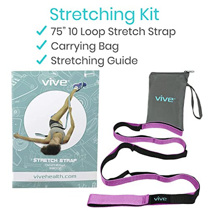 Vive Stretch Strap (75" - 10 Loops) - Leg Stretch Band to Improve Flexibility - Stretching Out Yoga Strap - Exercise and Physical Therapy Belt for Rehab, Pilates and Gymnastics with Guide Book - color: Pink