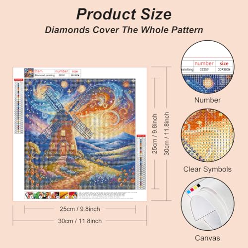 Acudotr Windmill House Diamond Painting Kits for Adults, 5D DIY Diamond Art Kits for Beginners, Full Drill Diamond Painting Kits for Home Wall Decor, 12x12 Inch