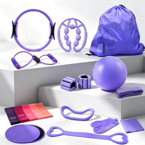 Pilates Equipment Kit for Home Workouts, 21 Pcs Set 14'' Pilates Ring, Complete Yoga Pilates Accessories with Wrist Weights, Core Sliders, Yoga Strap, Socks and Massage Ball - color: Purple