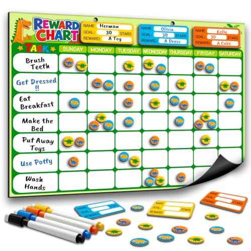 Magnetic Reward Chart for Kids, Customizable Dry Erase Weekly Chore Chart - size: 3 Kids-Dinosaurs