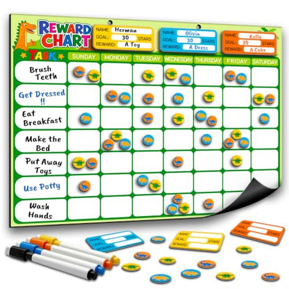 Magnetic Reward Chart for Kids, Customizable Dry Erase Weekly Chore Chart - size: 3 Kids-Dinosaurs