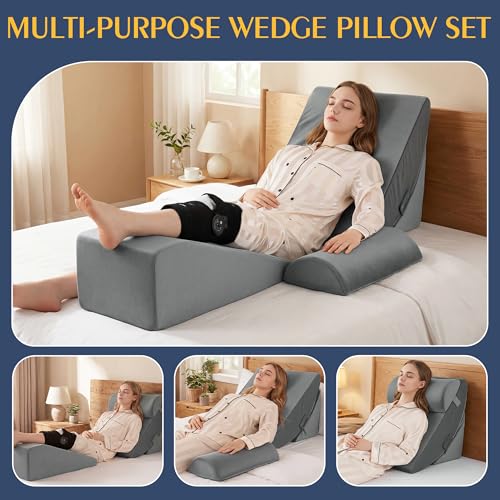 ROYALAY 4 Pcs Wedge Pillow Set for After Knee Surgery, Leg Elevation Pillow Post Surgery Knee Replacement with Reading Support for Bed, Leg Elevation & Headboard for Sleeping