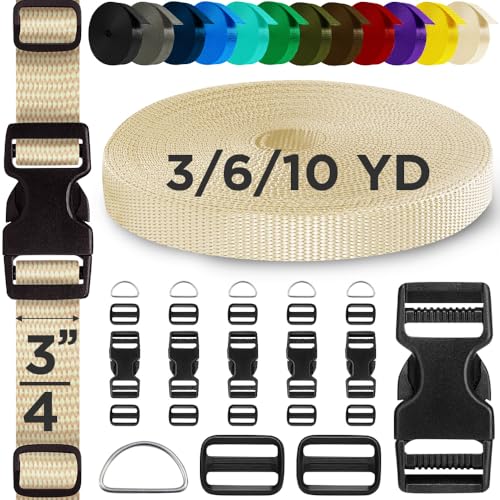TECEUM 3/4" Nylon Strap Kit with Buckles, Cream 6 yards Repair Set | Heavy duty hardware kit: 6yd webbing, 6 quick release buckles, 12 tri-glide slide clips, 6 metal D-rings for crafting. - color: Cream, size: 3/4" - 6 yards, style: 6 Buckle - 12 Slides -