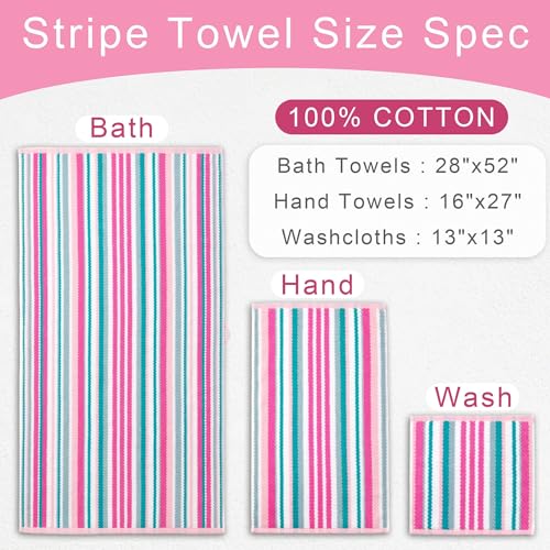 VOOVA & MOVAS Striped Bath Towels 4 Pack, 100% Cotton, 28x52 in, Pink Teal - color: Pink + Aqua + Teal Striped, size: 4 PC Bath Towels (28"x52")