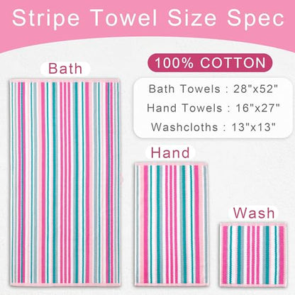 VOOVA & MOVAS Striped Bath Towels 4 Pack, 100% Cotton, 28x52 in, Pink Teal - color: Pink + Aqua + Teal Striped, size: 4 PC Bath Towels (28"x52")