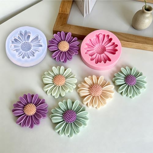 8PCS 3D Daisy Flower Silicone Mold with Hole and Large-Eye Wicking Needle, for Candle Soap Wax Epoxy Resin Concrete Fondant Topper - color: 6PCS-Daisy-with-Hole