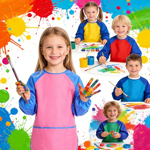 2 Pack Kids Art Smock Waterproof with Long Sleeve and 3 Roomy Pockets Artist Children Aprons for Toddlers Age 3-8 Painting Crafts（Pink） - color: 2 Pack Pink