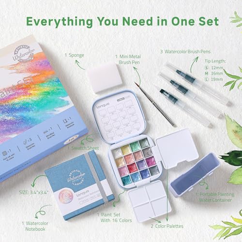 Mini Watercolor Paint Set 16 Colors, Travel Art Kit All-in-One | 3 Water Brush Pens, 1 Detail Pen, 2 Palettes, 1 Watercolor Book, 1 Bottle, for Travel, Outdoor Sketching (Macaron Color) - color: Macaron Color