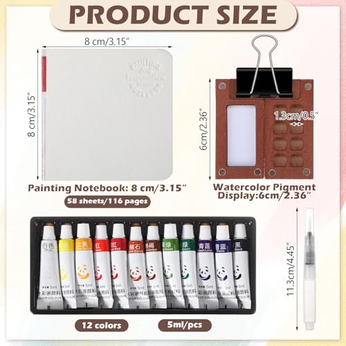 Watersay 12 Set Mini Watercolor Paint Set Paint Palette Travel Kit Pocket Artist Watercolor Travel Kit with Wooden Grid Palette Box Sketchbook Brush Pens Paints Clips for Beginners Artists Painters