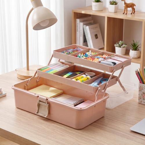 BTSKY 3-Layer Foldable Craft Organizer, Portable Tackle Box with Handle & Adjustable Dividers, Multi-Purpose Toolbox for Art Supplies, Sewing, Medicine, 12.2x6.7x5.7 Inch, Blush Pink - color: Blush Pink