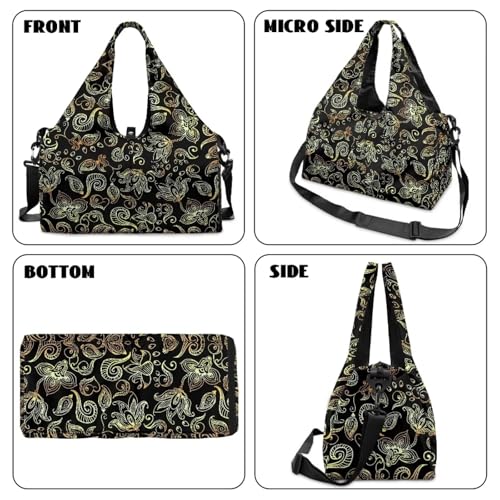 Yoga Gym Bag with Removable Adjustable Shoulder Strap, Shoe Compartment & Top Yoga Mat Holder 17.72x8.66x9.84in - color: Gold Paisley Flower Print