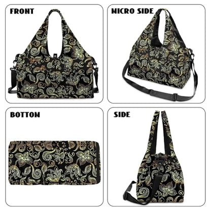 Yoga Gym Bag with Removable Adjustable Shoulder Strap, Shoe Compartment & Top Yoga Mat Holder 17.72x8.66x9.84in - color: Gold Paisley Flower Print
