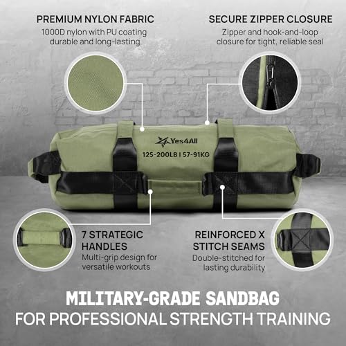 Yes4All Sandbags for Working Out, Adjustable Sand Bags for Weight Training with Handles, Multiple Colors & Sizes 5-200lbs - color: D. Army Green - XL (125-200 Lbs)