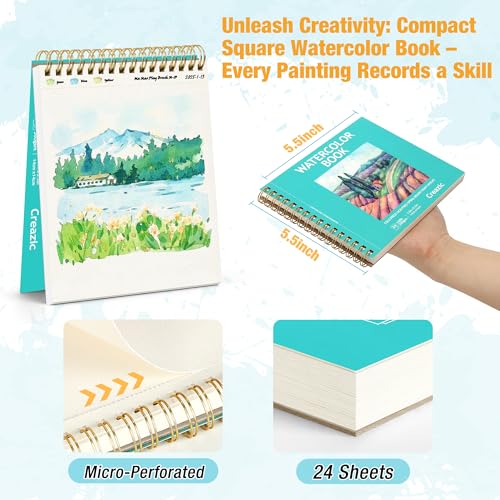 Creazic 5.5"x5.5" Square Watercolor Sketchbook (140lb/300g) - Artist-Grade Paper, Spiral Bound w/Tear Line. Compact Travel Notebook for Watercolor, Hand Lettering & Sketches - Ideal for Kids & Adults - color: Teal, size: 5.5" x 5.5" Spiral Bound