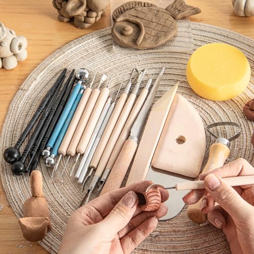 23PCS Clay Tools Sculpting, Ceramic & Pottery Modeling Tool, Ceramics Tools Set, Polymer Tools Kit, Air Dry Clay Tools for Carving, Molding, Pottery Wheel, Crafting Supplies, Pros, Beginners, Adults - color: Wood-23PCS