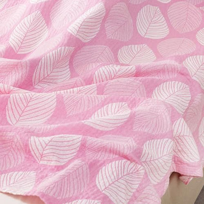 MEJU Modern Leaf Pink Kids Young Girls Muslin Lightweight Blanket for Bed Sofa Couch 100% Combed Cotton 3 Layer Soft Warm Reversible Throw Blanket Bedspread Bed Coverlet Full Queen 80 in x 90 in - color: Leaf Pink, size: F/Q 80 in x 90 in