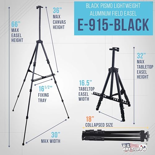 U.S. Art Supply 66" Black Metal Tripod Easel Display - Adjustable 20"- 5.5', Holds 32" Canvas - Floor/Tabletop Easel Stand, for Sign Display, Painting, Poster Board, Canvas - Portable Bag
