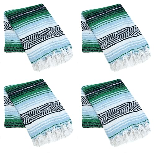 La Montana Bulk Falsa Mexican Blanket, 4 Pack, Kelly Green/Light Blue/White | Authentic 74"x50" Lightweight Yoga Blanket Made in Mexico - Decorative Throw for Picnic, Camping, Beach, Bed, Home Decor - color: Kelly Green/Light Blue/White