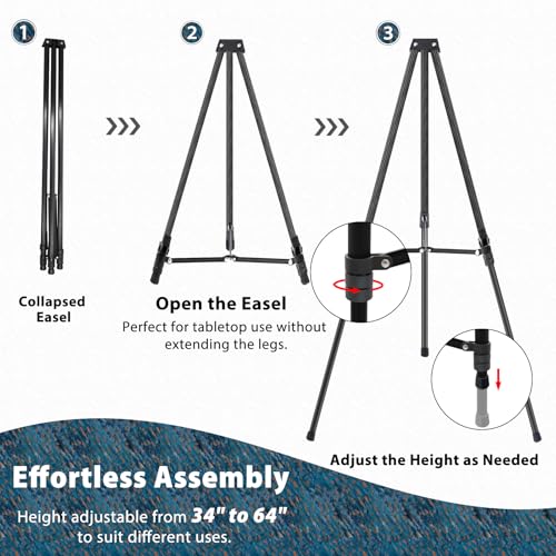 64" Aluminum Telescoping Display Easel, Adjustable Easel Stand, 1pc | Adjustable Height, Portable Floor&Tabletop Easel for Signs, Artwork, Posters, Whiteboard and Painting Display, Black