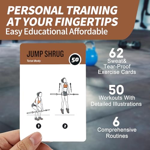 Barbell Workout Cards, 62 Exercises Cards Deck Large Size 5" x 3.5" Fitness Cards for Women & Men, Beginner Fitness Guide to Training Exercises at Home or Gym - style: Barbell
