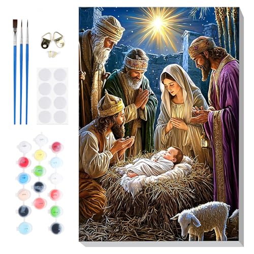 Bowetile Nativity Scene Paint by Numbers for Adults Beginners Framed, Adults' Paint-by-Number Christmas Kits on Canvas, Acrylic Number Painting Gifts for Home Wall Decor, 8x12in - color: Nativity Scene-02
