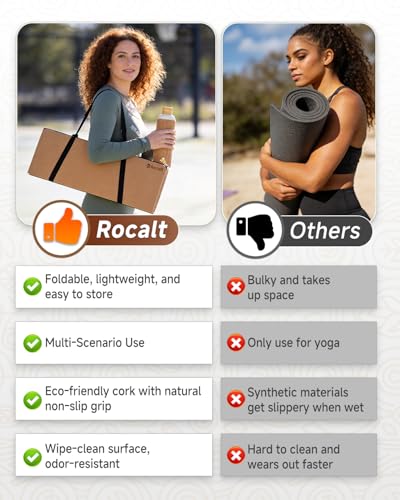 Rocalt Foldable Cork Yoga Mat, Non Slip Travel Pilates Workout Mat | 69" x 24" x 0.25", accordion-fold design, POE backing, carry strap for yoga, stretching and travel