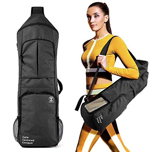 Yoga Mat Bag Carrier - Large Pockets & Water Bottle Holders. Yoga Backpack Fits 0.5" Thick x 26" Wide Mats. Hands-Free, Left-Right Switchable, Yoga, Gym, Cycling - color: Black
