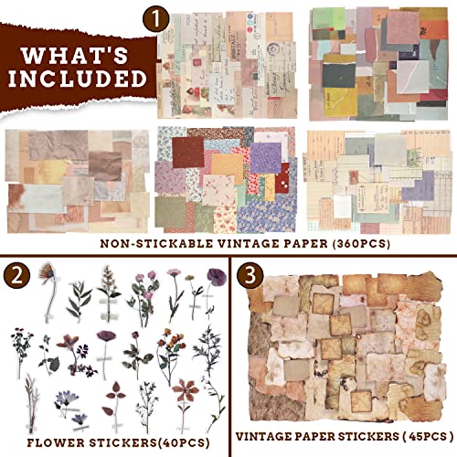 GNILLKO 445 PCS Vintage Scrapbook Supplies Kit | Scrapbook Paper Junk Journal Supplies with 40 Sheet Flowers Stickers for Planner, Bullet Journaling, Junk Journal