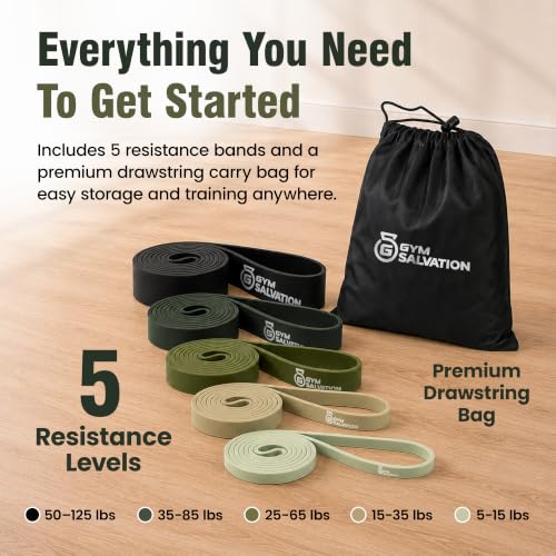 Gym Salvation 41-inch Loop Resistance Bands Set, 5 Pull Up Assist Bands for Strength Training & Working Out, Long Exercise Bands for Powerlifting, Mobility & Home Gym with Carry Bag