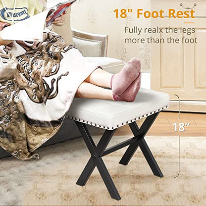 LUE BONA White Vanity Stool - Square Faux Leather Makeup Seat With Metal X Legs, Small Ottoman Chair for Makeup Room, Living Room, Bathroom - Padded Foot Rest - color: White Color