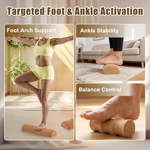 Cork Balance Board for Adults, Foot & Ankle Strengthener Balance Trainer with Cork Roller, Spiky Massage Ball, Toe Correctors & Stretch Strap, Foot Balance Board Set for Mobility, Stability & Functional Training