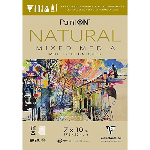 Clairefontaine - Ref 975484C - Paint'ON Mixed Media Natural Glued Pad (20 Sheets) - 17.8 x 25.4cm (7 x 10in), 250gsm Heavyweight Paper, Acid Free (USA Version) - color: Natural, size: 7 x 10 inches