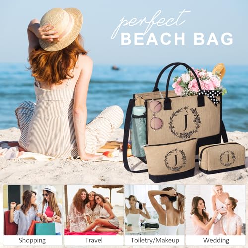 Personalized Birthday Gifts for Women, Monogrammed Initial Jute Tote Bags | Beach Tote Bag & Makeup Bags w/ Zipper, Christmas Women Gifts for Mom Her Friends Sister Coworker Nurse Teacher Appreciation - style: R