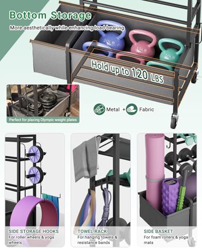 Dumbbell Rack, Adjustable 4-Tier Weight Rack Movable, Home Gym Organizer Up to 405 lb with Lockable Casters & Hooks, Workout Equipment Storage for Dumbbells, Kettlebells, Yoga Mats & Balls
