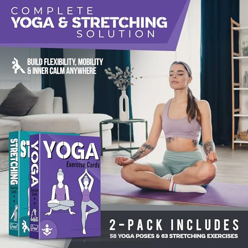 [2-PACK] Yoga & Stretching Exercise Cards with 121+ Poses and 26 Complete Routines - Large 5"x3.5" Waterproof Fitness Deck for Daily Flexibility Training, Perfect for Women & Men, All Levels