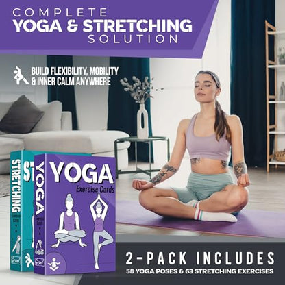 [2-PACK] Yoga & Stretching Exercise Cards with 121+ Poses and 26 Complete Routines - Large 5"x3.5" Waterproof Fitness Deck for Daily Flexibility Training, Perfect for Women & Men, All Levels