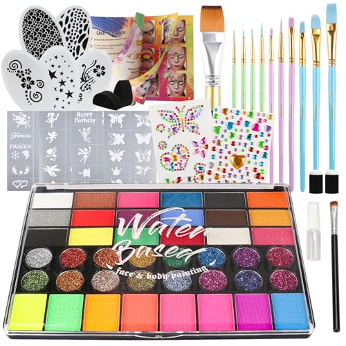 Pintada 42 Color Face Painting Kit for Kids - Non Toxic Water Activated Face Paint Palette With Stencils, Brush, Sponges, Book. For Carnival, Halloween, Costume Makeup and Festivals & Events - color: 42 Colors