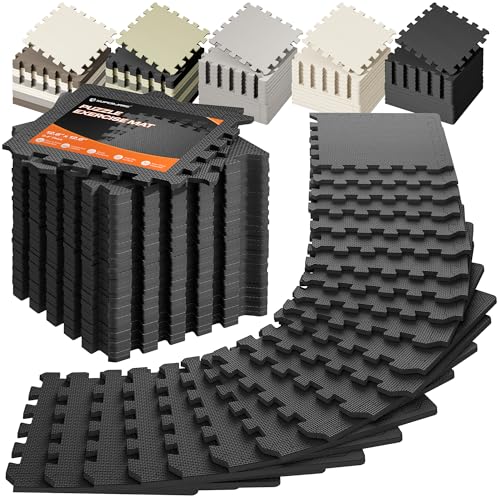 SUPERJARE Gym Floor Mats, EVA Foam Puzzle Exercise Mats, Foam Floor Tiles | Cushioned Interlocking Workout Mat, Gym Flooring for Home Gym, Playroom, Garage, 12.6"x12.6"x0.4" - color: Black, size: 24 Tiles (24 Sq Ft)