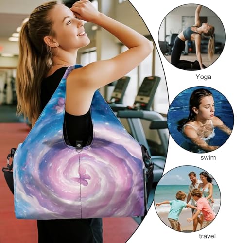 Gym Bag with Yoga Mat Holder Large Tote Bag With Multi Pockets for Women Men Dry Wet Separated Pocket Carryall Yoga Tote Bag for Pilates Travel Workout Office - color: Butterfly Tie-Dye