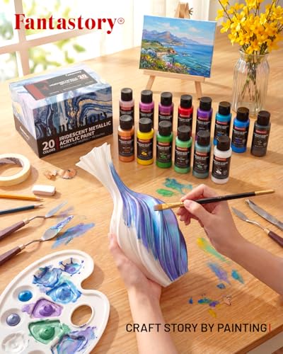 Fantastory 60ml 20 Colors Metallic Acrylic Paint Set with 12 Brushes | Professional Series, Color-Shifting, Perfect for Metal, Canvas, Rock, Stone, Ceramic, Model, Wood Painting - style: 20 Metallic Iridescent Colors