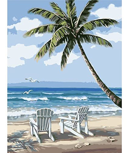RMANA Acrylic Paint by Number Landscape On Canvas Art for Beginner Adults Students Teens Painting by Numbers DIY Arts Crafts Numero Advanced Abstract Sunny Beach Palm Tree Colorful Box Christmas Gift
