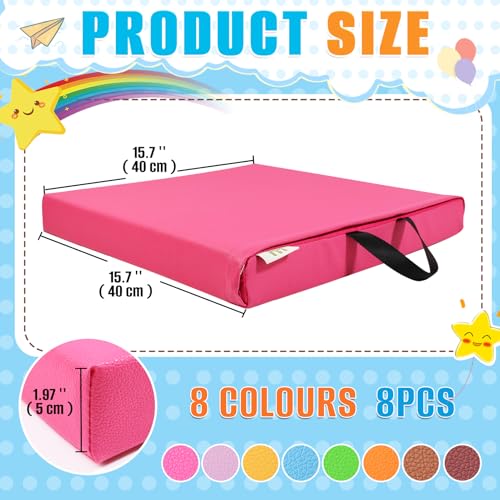 8 PCS 16 Inch Square Floor Pillows with Handles | Waterproof Synthetic Leather Flexible Seating Cushions | 16''x16''x2'' Thick Floor Cushions for Classroom, Home, Yoga & Meditation - color: Yellow, Red (Maroon), Light Pink, Sky Blue, Bright Pink (Fuchsia)