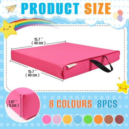 8 PCS 16 Inch Square Floor Pillows with Handles | Waterproof Synthetic Leather Flexible Seating Cushions | 16''x16''x2'' Thick Floor Cushions for Classroom, Home, Yoga & Meditation - color: Yellow, Red (Maroon), Light Pink, Sky Blue, Bright Pink (Fuchsia)