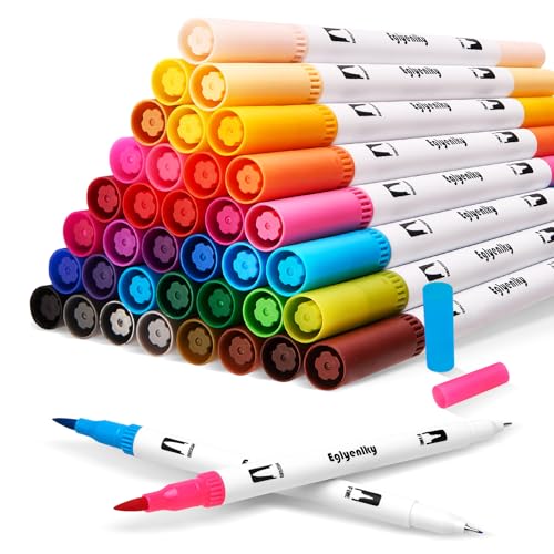 Eglyenlky Colored Markers for Adult Coloring Book, 36 Water Colors Set | Felt Tip Marker, Dual Tip Brush Pens with Brush and Fine Tip for Adult Teen Kid Drawing - color: 36 Colors White