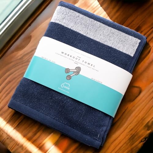 Luzia Striped Workout Towel for Sweat (Pack of 2) - Premium Quality 100% Turkish Cotton - Lightweight and Super Absorbent for Exercise, Sports, Workout, Fitness, Gym, Yoga, Running (Blue) - color: Blue - White, size: Set of 2