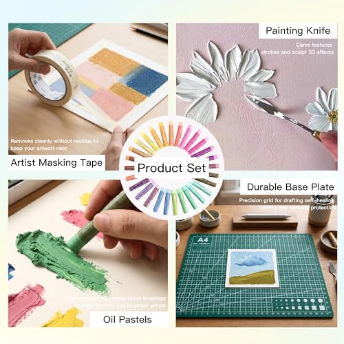 rubens 57 PCS Macaron Soft Oil Pastels Kit for Beginner Drawing | 24 Macaron Colors Soft Oil Pastels in Box with Palette Knife, Base Board, Tape, 30 Sheets Oil Pastel Paper - color: 24 Macaron Colors Set