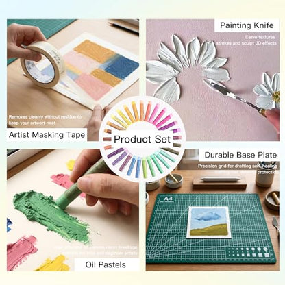 rubens 57 PCS Macaron Soft Oil Pastels Kit for Beginner Drawing | 24 Macaron Colors Soft Oil Pastels in Box with Palette Knife, Base Board, Tape, 30 Sheets Oil Pastel Paper - color: 24 Macaron Colors Set