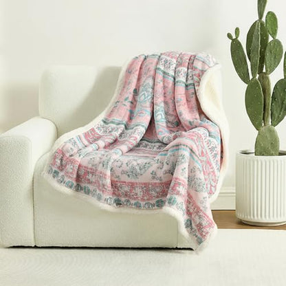 Boho Chic Sherpa Fleece Throw Blanket with Ultra-Soft Cozy Lining,Bohemian Patterned Throws for Sofa,Couch,Bed - color: Boho-pastel Pink, size: 50" x 60"