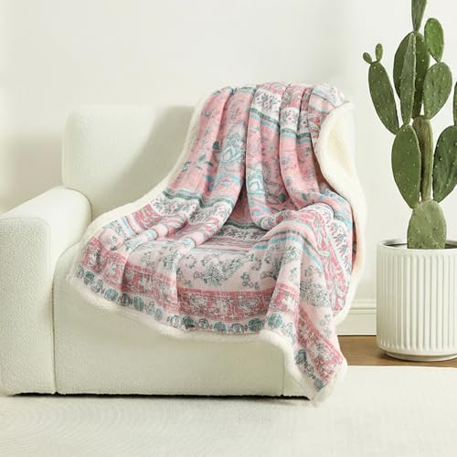 Boho Chic Sherpa Fleece Throw Blanket with Ultra-Soft Cozy Lining,Bohemian Patterned Throws for Sofa,Couch,Bed - color: Boho-pastel Pink, size: 50" x 60"