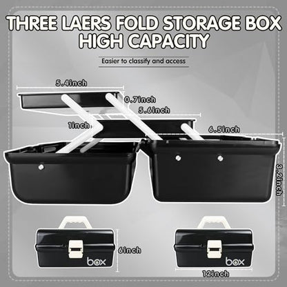 TERGOO 12in Three-Layer Multipurpose Storage Box Organizer Folding Tool Box/Art & Crafts Case/Sewing Supplies Organizer/Medicine Box/Family First Aid Box with 2 Trays (Black)…